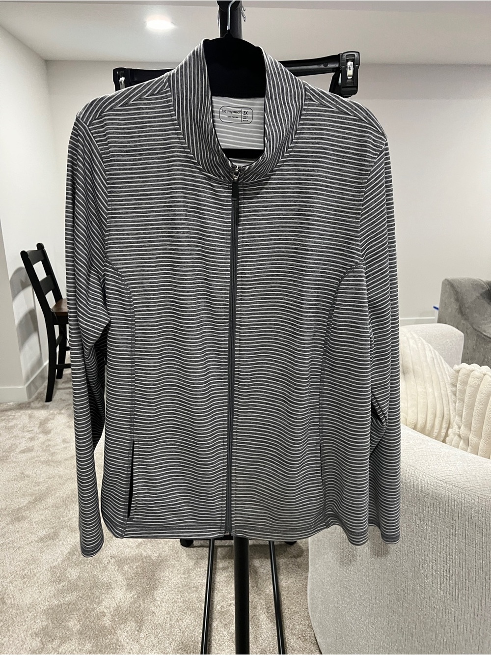 be inspired Women's Gray and White Striped Zip-Up Polyester Jacket